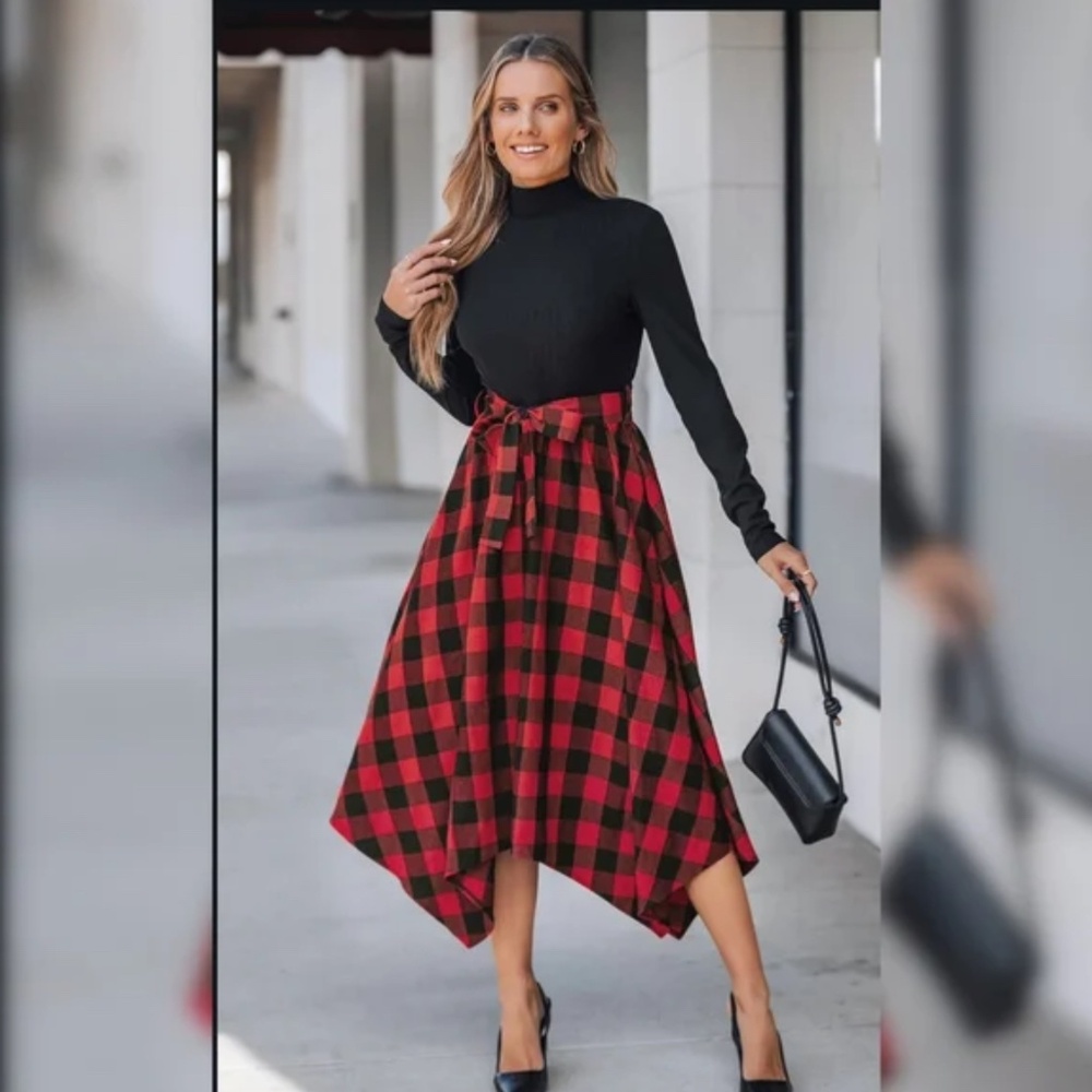 Black Mockneck Top Plaid Handkerchief Hem Skirt Midi Dress